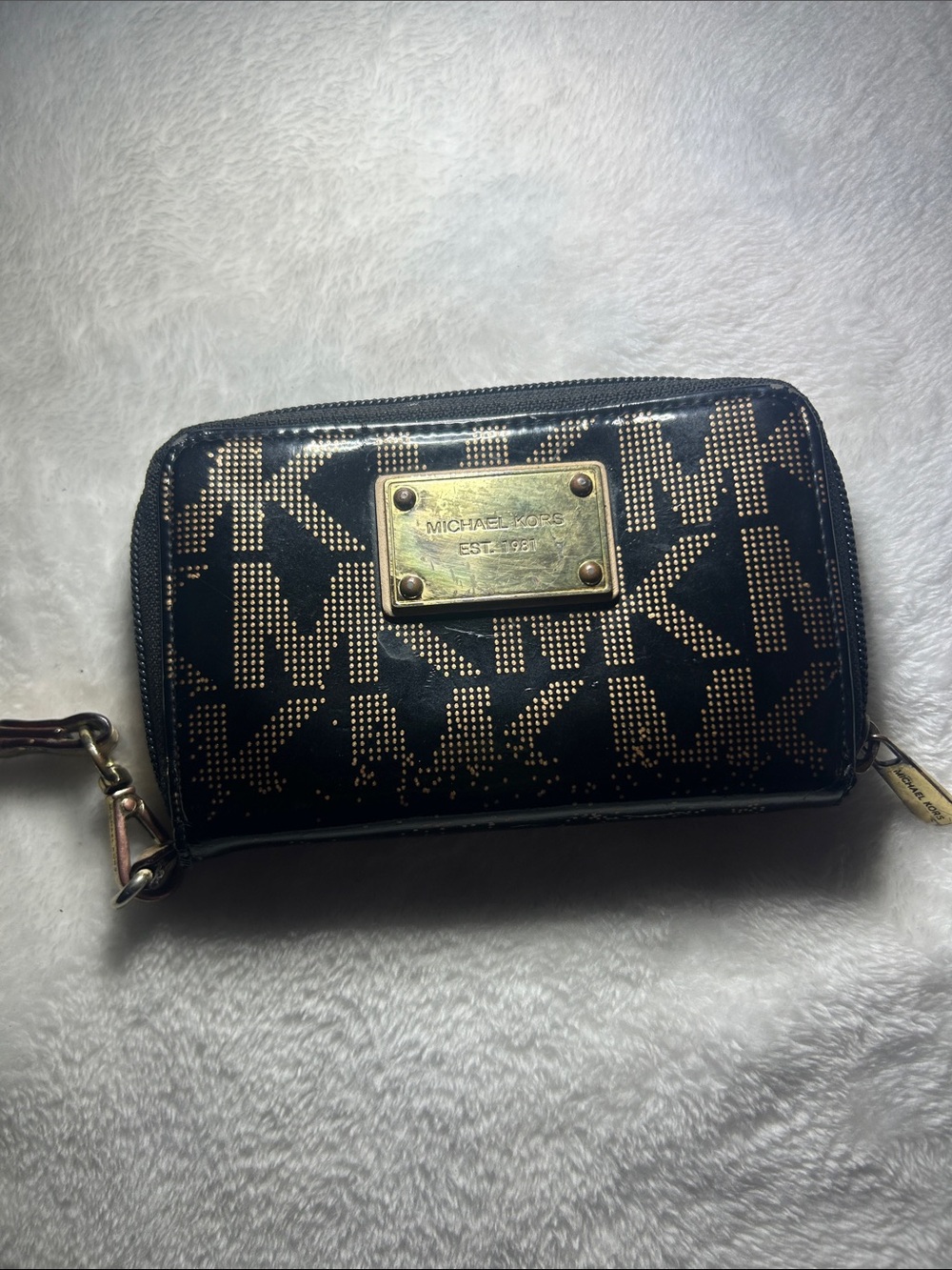 Michael Kors Black and Gold Logo Patent Wristlet